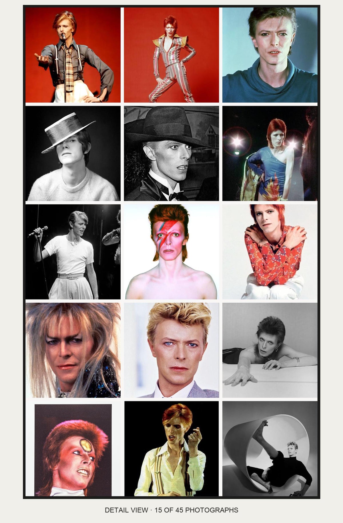 David Bowie 45-photo collage 15 adjacent photographs detail