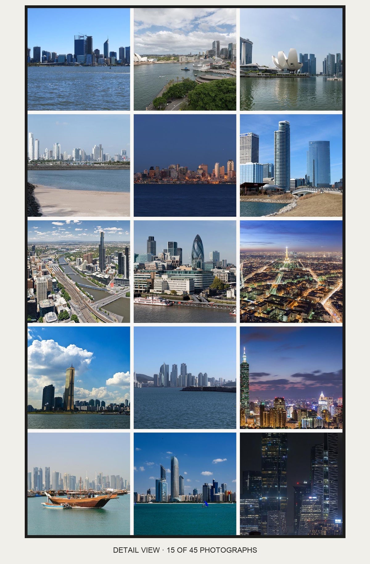 45 World Skylines 45-photo collage 15 adjacent photographs detail