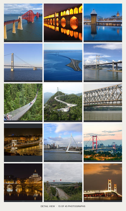 45 Bridges of the World 45-photo collage 15 adjacent photographs detail