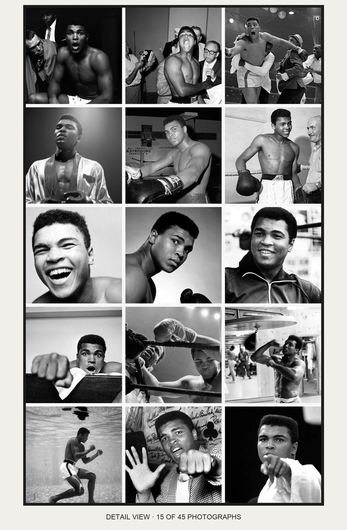 Muhammad Ali 45-photo collage 15 adjacent photographs detail
