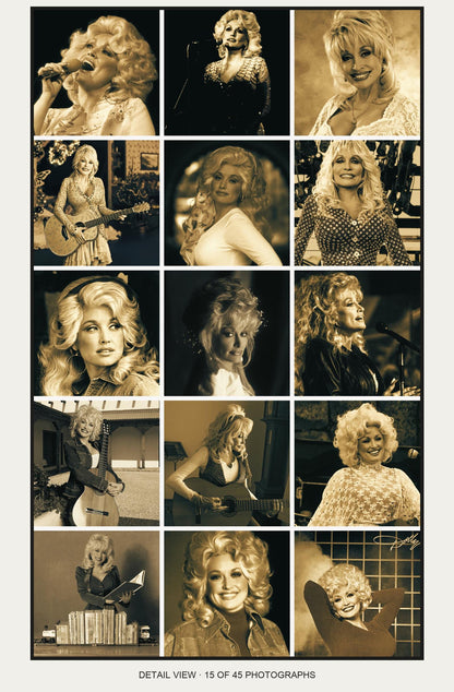 Dolly Parton 45-photo collage 15 adjacent photographs detail