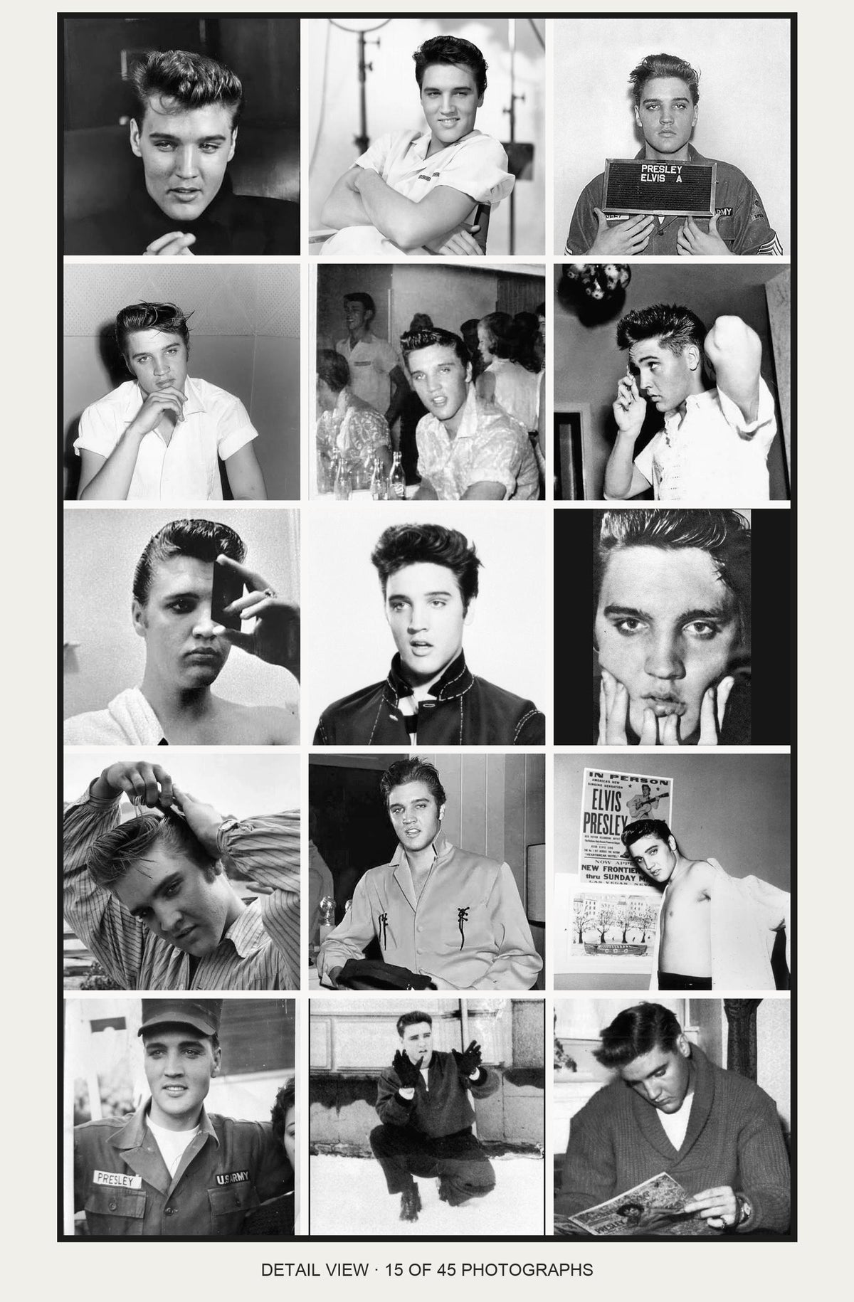Elvis Presley 45-photo collage 15 adjacent photographs detail